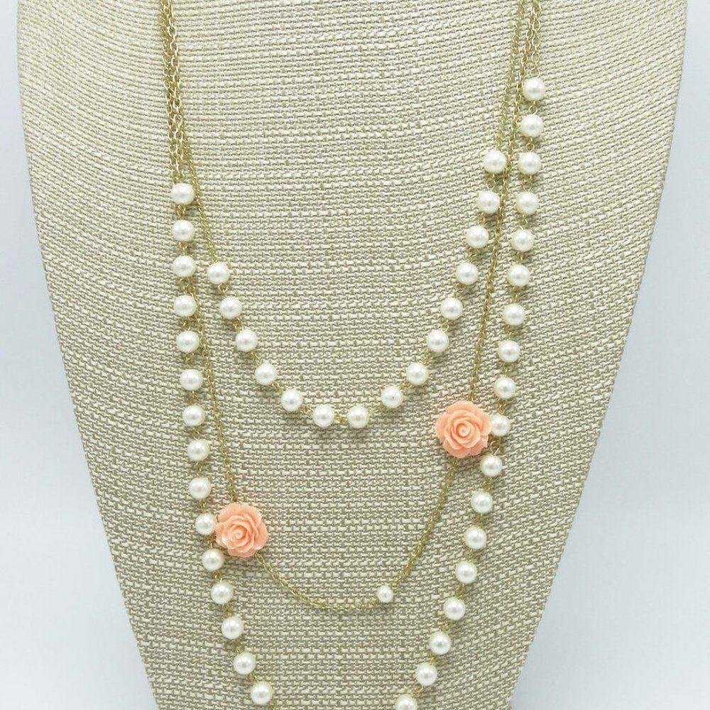 New Retro Simulated Pearl & Peach Roses on Gold Chain Necklace